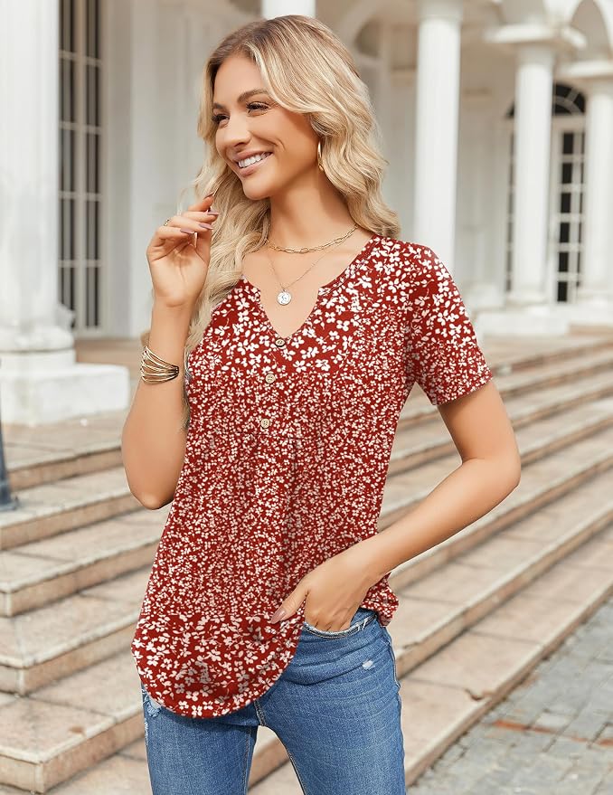 Zeagoo Womens Short Sleeve Tops Summer Henley V-Neck Tshirts Casual Pleated Blouse Dressy Loose Floral Basic Tee - Image 5