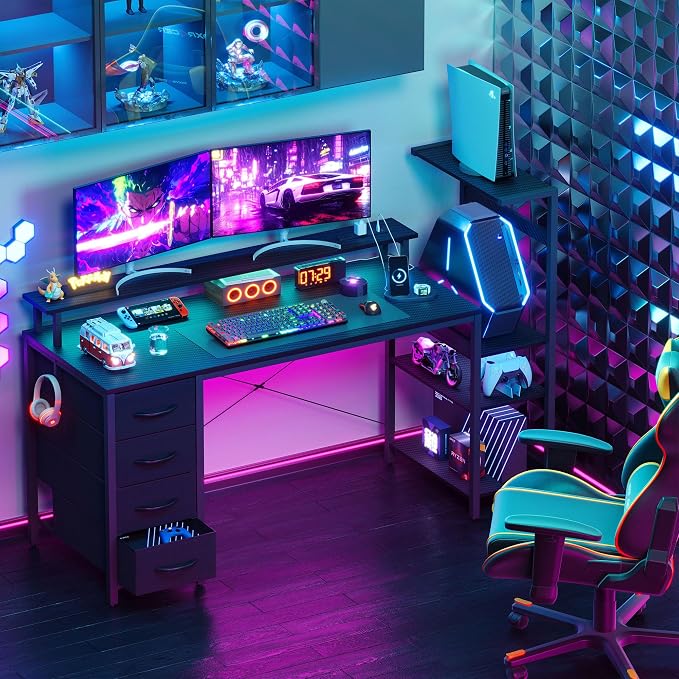 59 Inch Gaming Desk with Drawers & PC Tower Stand & LED Lights, Black | Reversible, Monitor Shelf, Power Outlets, Carbon Fiber, Mesa Gamer, Computer Desk with Storage, Gaming Table for Home Office - Image 9