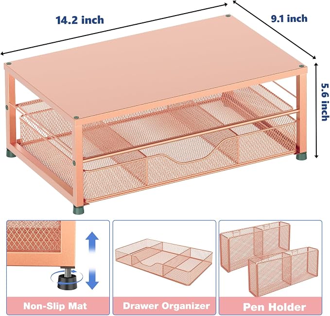 OPNICE Desk Organizers and Accessories, 2-Tier Computer Monitor Stand with Drawer and 2 Pen Holders, Laptop Stand, Office Desk Accessories for Office Supplies, Rose Gold - Image 3