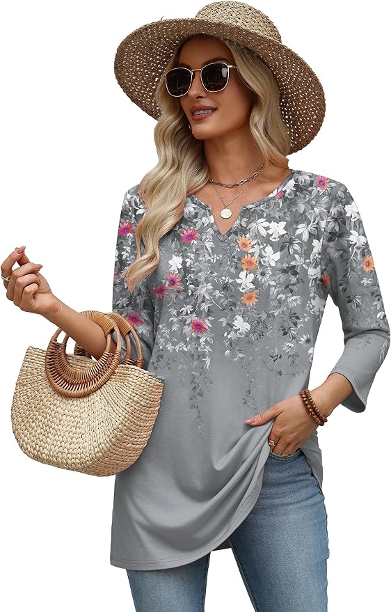 OFEEFAN Summer Boho Tops For Women 3/4 Length Sleeve Womens Tops Vacation Outfits - Image 5