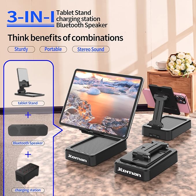 JTEMAN Tablet Stand Adjustable with Bluetooth Speakers,Kitchen Gadgets,Gifts for Women Men,Wireless Bluetooth Speaker Tablet Holder,Desk Mic Charging Sation Compatible with Phones and Tablet - Image 2