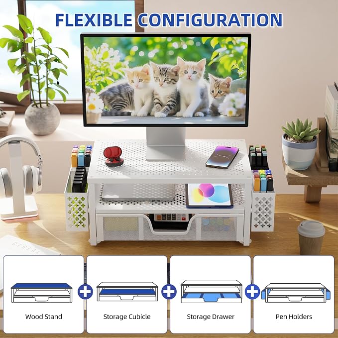 Simple Trending 2 Tier Metal Monitor Stand Monitor riser and Computer Desk Organizer with Drawer and Pen Holder for Laptop, Computer, iMac, White - Image 3