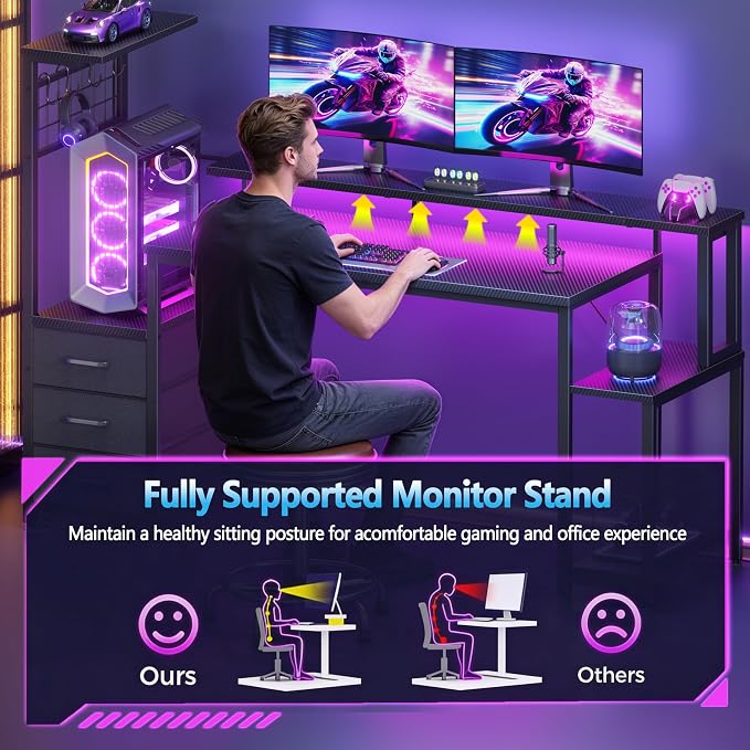 Korfile 55 Inch Gaming Desk with Bluetooth LED Lights & Power Outlets,Computer Desk with Fabric Drawers & Hooks,Reversible Gamer Table with Monitor Stand for Game Room,Home Office,Carbon Fiber Black | Reversible，Computer Desk, Gamer Table, Bluetooth LE... - Image 9