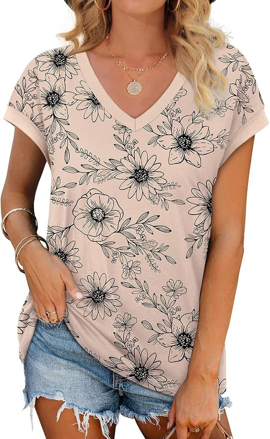WIHOLL Womens Summer Tops 2026 Cap Short Sleeve Shirs V Neck T Shirts Fashion Beach Vacation Clothes Color Block by WIHOLL
