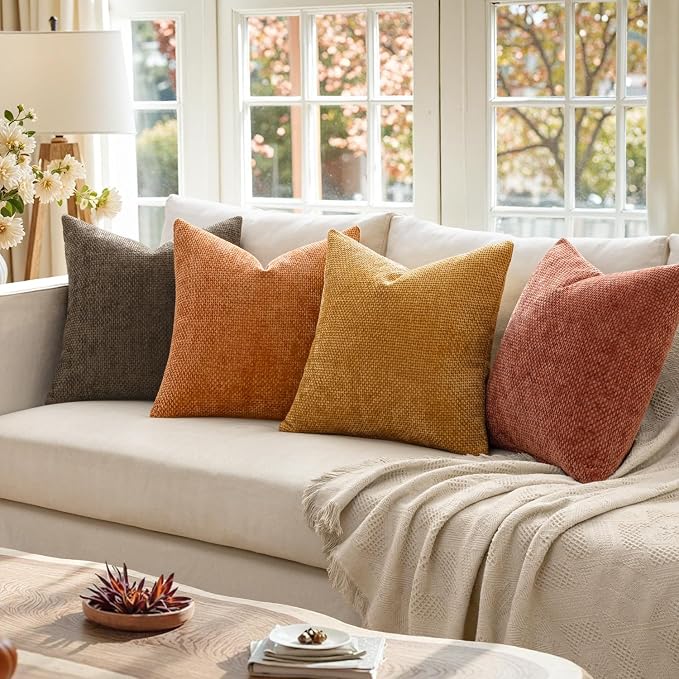 MIULEE Pack of 4 Orange/Yellow Couch Throw Pillow Covers 20x20 Inch Halloween Soft Decorative Chenille Pillows Farmhouse Accent Cushions for Boho Fall Home Decor Sofa Bedroom Living Room - Image 2