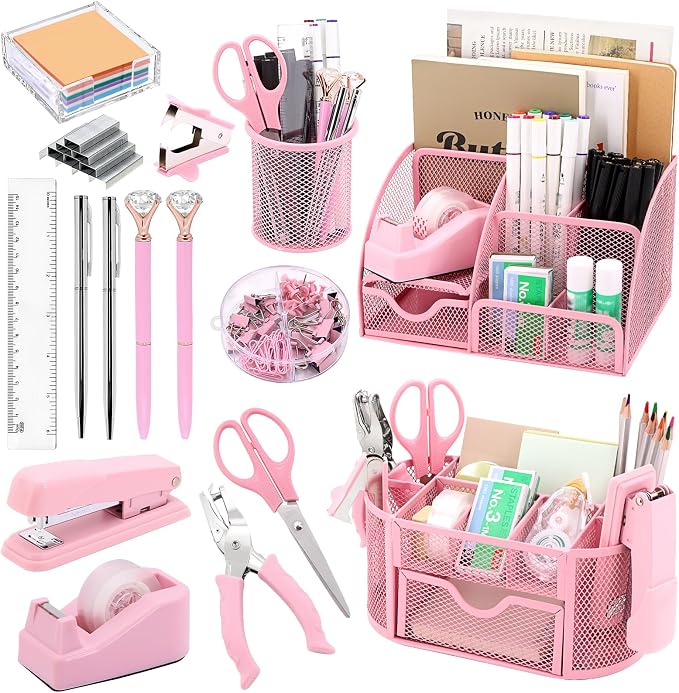 17 in 1 Pink Desk Organizers and Accessories Set, 3 Office Desk Supplies Storage Organization, 4 Pens, Stapler, Staples & Remover, Tape & Dispenser, Scissors, Ruler, Clips, Hole Punch, Back to School by Froidesente