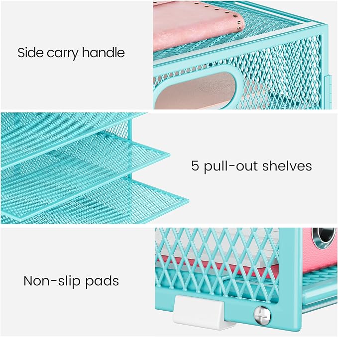 Lavatino 8-Tier Office Desk File Organizer, Letter Tray Paper Organizer with Handle, Including 5 Adjustable Slide Trays for Organizing Desktop Workspace Accessories and Supplies (Blue Metal Mesh) - Image 3