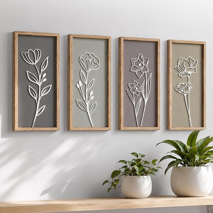 3D Wooden Floral Bathroom Wall Decor (Set of 4) Lightweight, Ready-to-Hang Framed Wall Art For Living Room, Bedroom, or Office - Premium Boho Botanical Farmhouse Decorations - Gift-Boxed by TideandTales