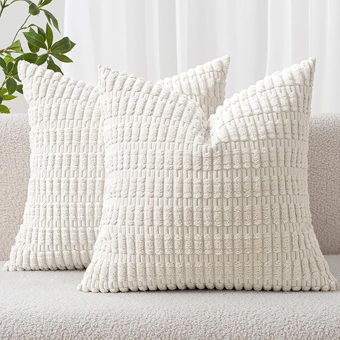 MIULEE Pack of 2 Corduroy Decorative Throw Pillow Covers 16x16 Inch Soft Boho Striped Pillow Covers Modern Farmhouse Home Decor for Sofa Living Room Couch Bed Pure White by MIULEE