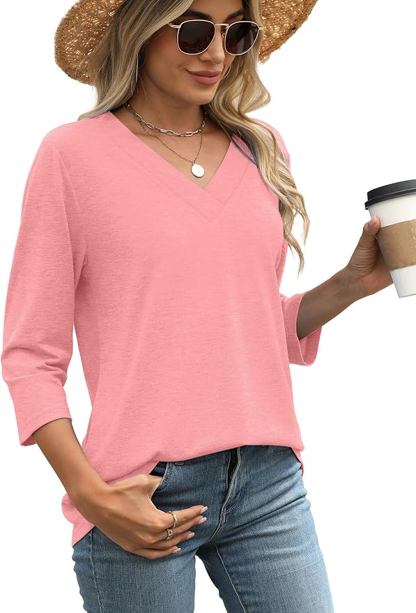 WIHOLL Womens Tops 3/4 Length Sleeve V Neck Casual Tunic Tops Basic Shirts Loose Fit Blouse - Image 3