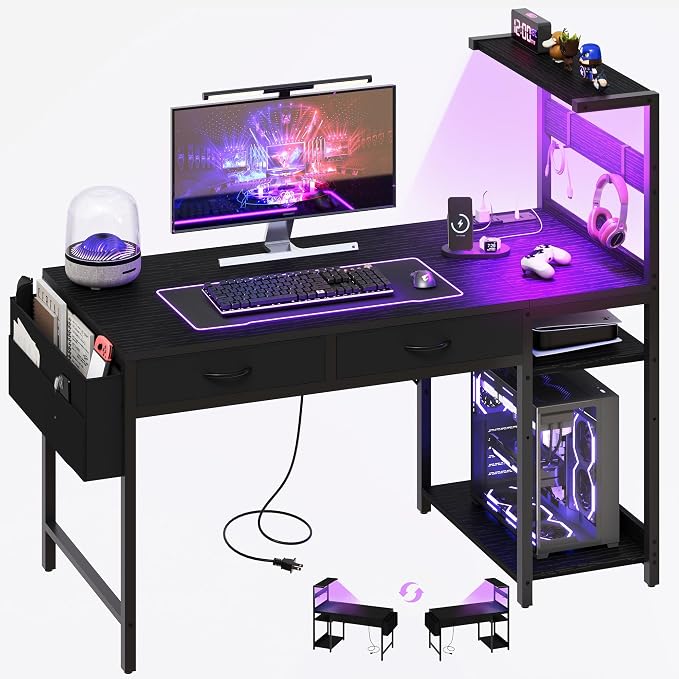 40 Inch Small Gaming Desk with Drawers & Led Lights & Storage Bag, Black | Reversible Storage Shelf, Power Outlets, Wood Grain Gaming Table, Compact Computer Desk for Small Space, Bedroom, Home Office by YOUDENOVA