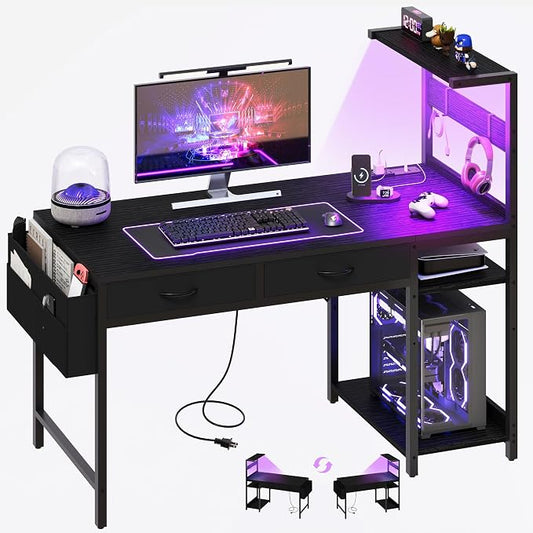 40 Inch Small Gaming Desk with Drawers & Led Lights & Storage Bag, Black | Reversible Storage Shelf, Power Outlets, Wood Grain Gaming Table, Compact Computer Desk for Small Space, Bedroom, Home Office by YOUDENOVA