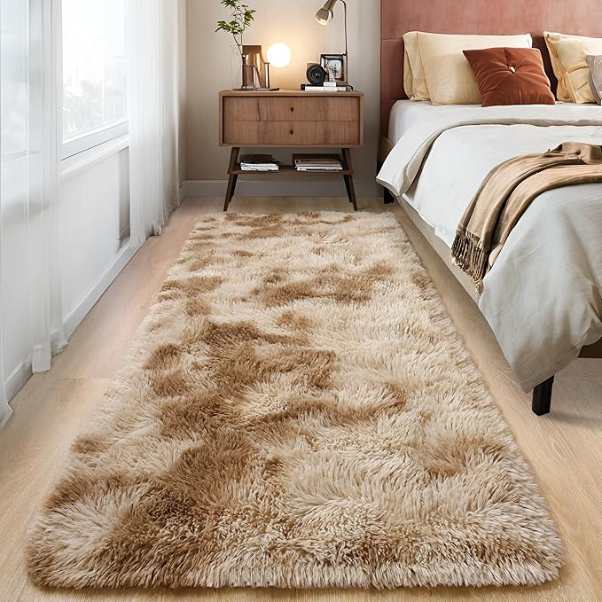Tepook Fluffy Runner Rugs for Bedroom Aesthetic 2x6 Feet, Shag Soft Bedside Rug with Non-Slip Bottom, Fuzzy Plush Carpet for Room, Hallway Rug for Nursery Dorm Indoor Home Decor, Tie-Dyed Beige by Tepook