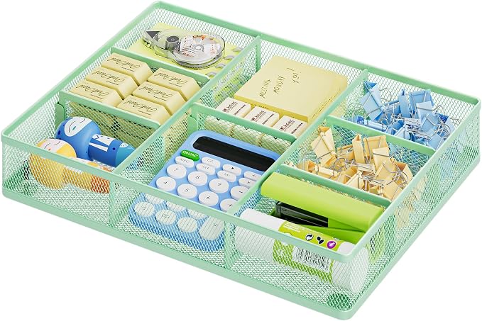 Marbrasse Desk Drawer Organizer, Metal Mesh Drawer Organizer Tray with 5 Adjustable Compartments,Desk Organizers and Accessories for Home,Office,Kitchen,Makeup,Vanity (Green) by Marbrasse