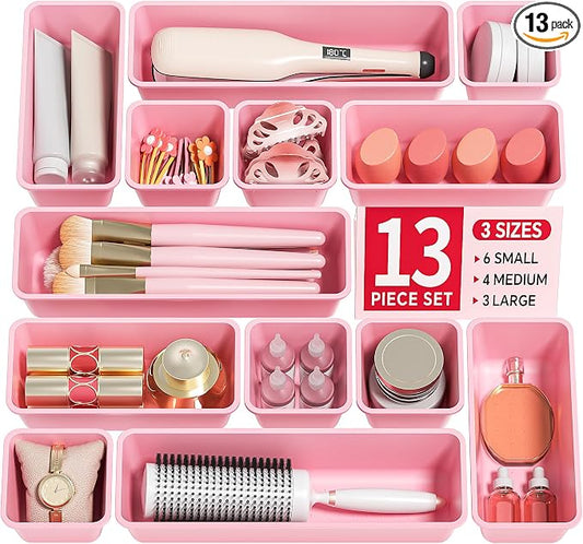 Canfanni 13 Pack Plastic Drawer Organizers Set, 3 Sizes Desk Drawer Organizer Trays for Vanity and Makeup Organizer, Organization and Storage for Makeup, Kitchen Utensils, Bathroom and Office(Pink) by Canfanni