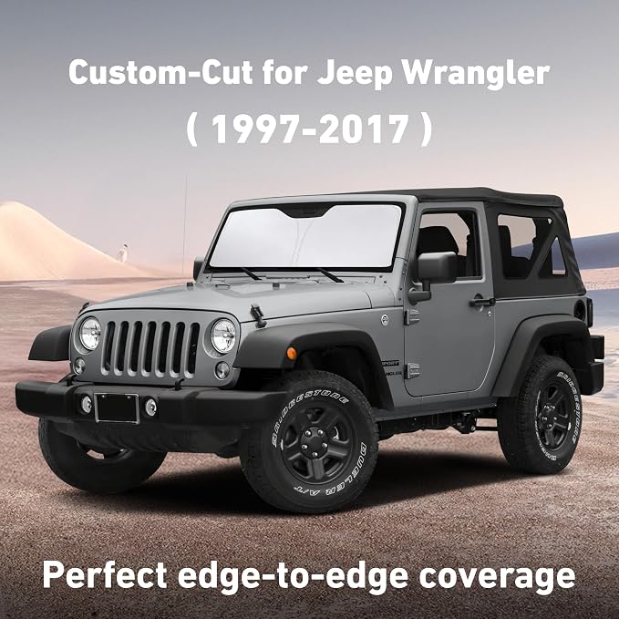 EcoNour Windshield Sunshade Compatible for Jeep Wrangler Rubicon Sahara TJ JK JKU2 4DOOR 1997-2015 2016 2017, Sun Visor for Front Windshield & Window Sun Shade Cover, UV Heat Blocker, Car Accessories - Image 2