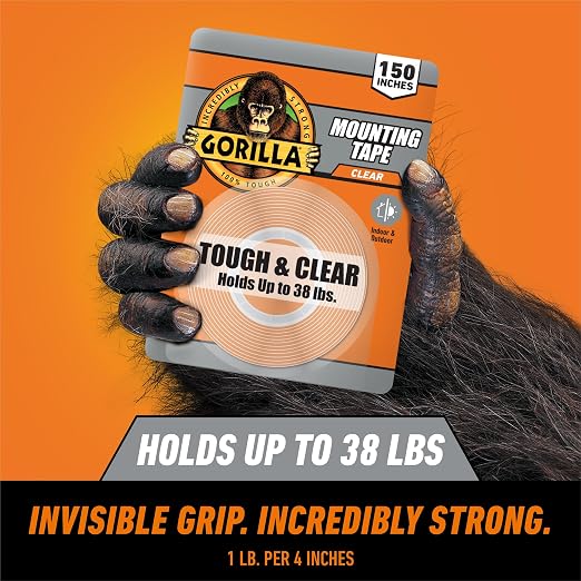 Gorilla Invisible Hold Mounting Tape, 1" x 150" (Pack of 4), Holds up to 15 lbs, Clear Double-Sided Tape for Strong, Permanent Bond, Discreet Adhesive for Classroom and Study Space Setup - Image 2