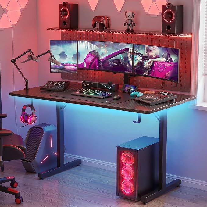 GTPLAYER 55 Inch Gaming Desk with LED Lights, Large Computer Desk with Mouse Pad for Home Office, T-Shaped Carbon Fibre Surface PC Game Workstations with Headphone Hook - Image 2