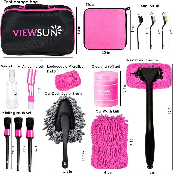 20PCS Car Cleaning Kit, Pink Car Interior Detailing Kit with Drill Brush Set, Windshield Cleaning Tool, Detailing Brushes, Wire Brushes, Cleaning Gel, Complete Cleaning Supplies for Women - Image 2