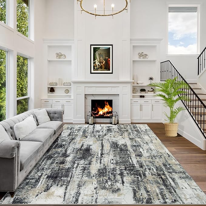 4x6 Area Rugs Washable Rug: Modern Abstract Living Room Rug Soft Anti-Skid Thin Carpet Indoor Floor Non-Shedding Carpets for Bedroom Dining Room Farmhouse Nursery Home Office Black Grey Gold by GENTDRIZZ
