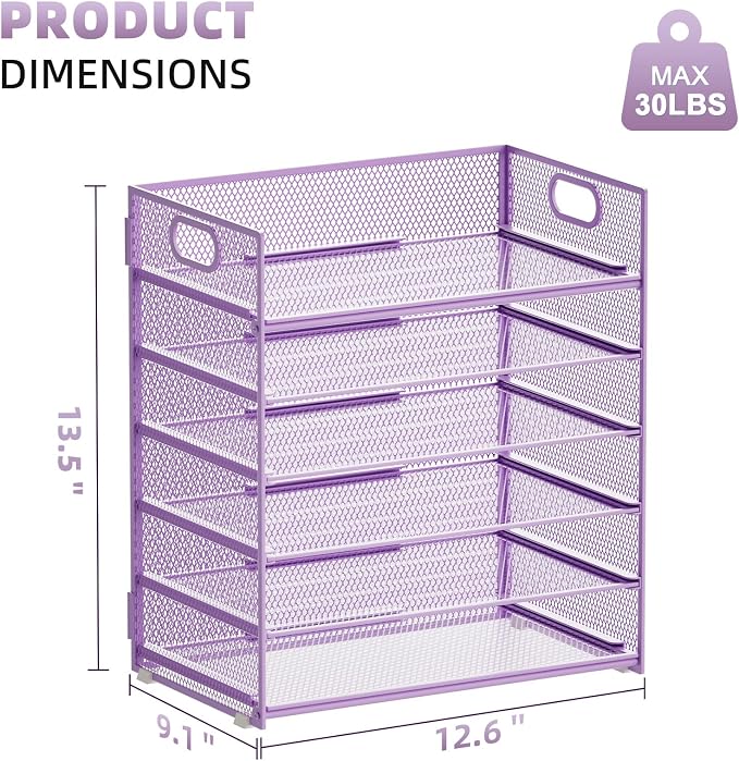 Marbrasse 2 Pack Desk Organizer with Handle, 6 Tier Paper Letter Tray, Mesh Desk File Organizer for Office, School and Home - Purple - Image 5