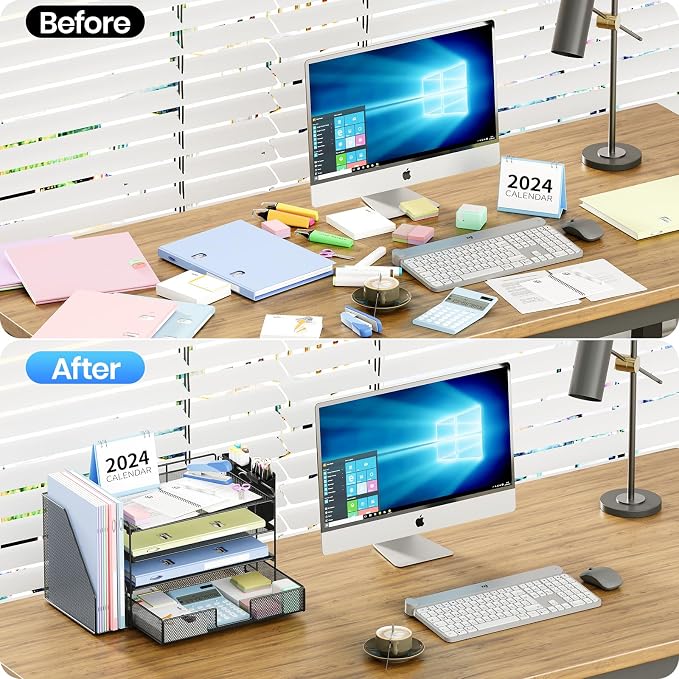 OPNICE Desk Organizer, 4-Tier Desktop File Organizer with Drawer and Pen Holders, Office Desk Accessories, File Sorters, Workspace Organizers for Office Supplies(Black) - Image 2