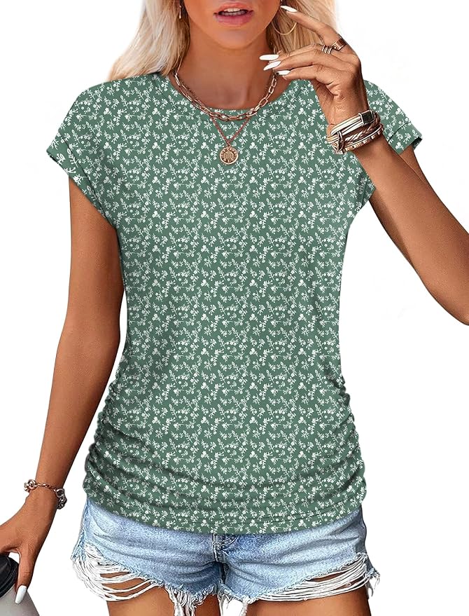 Sampeel Womens Summer Tops Trendy 2026 Ruched Cap Short Sleeve Tshirts Shirts Crew Neck T Shirts Fashion - Image 2