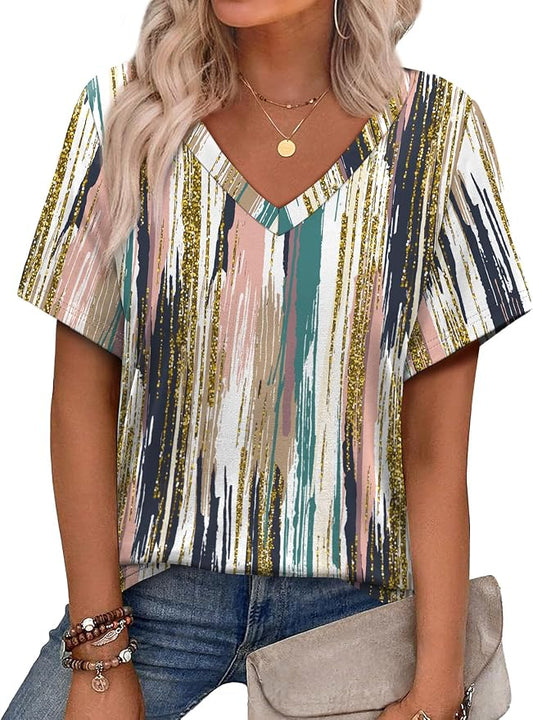 Alaroo Womens Summer Tops 2026 V Neck Short Sleeve Shirts Trendy Dressy Casual Vacation Outfits Printed by Alaroo