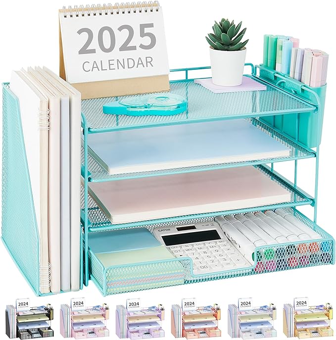 OPNICE Desk Organizer, 4-Tier Desktop File Organizer with Drawer and Pen Holders, Office Desk Accessories, File Sorters, Workspace Organizers for Office Supplies(Teal Blue) by OPNICE
