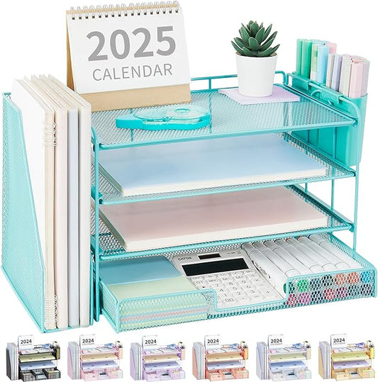OPNICE Desk Organizer, 4-Tier Desktop File Organizer with Drawer and Pen Holders, Office Desk Accessories, File Sorters, Workspace Organizers for Office Supplies(Teal Blue) by OPNICE