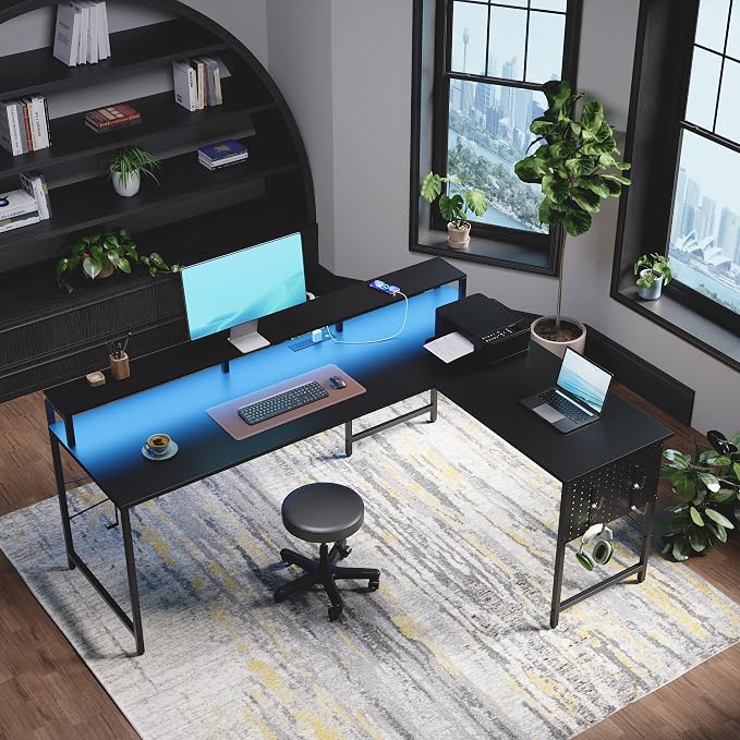 Pamray 64 Inch L Shaped Gaming Desk with Monitor Stand and Power Outlets | Large Corner Computer Desk With Pegboard & Led Lights USB Charging Ports for Home Office Study and Writing Bedroom and Dorms - Image 5