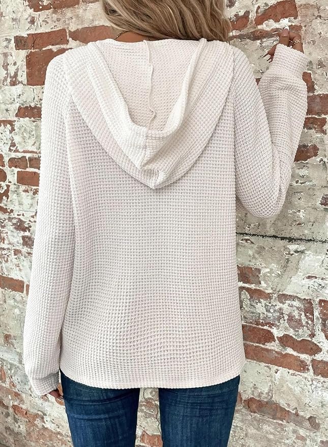 Dokotoo Hoodies for Women Waffle Knit Long Sleeve Drawstring Button V Neck Casual Sweatshirt Hooded Tops Fashion Clothing - Image 2