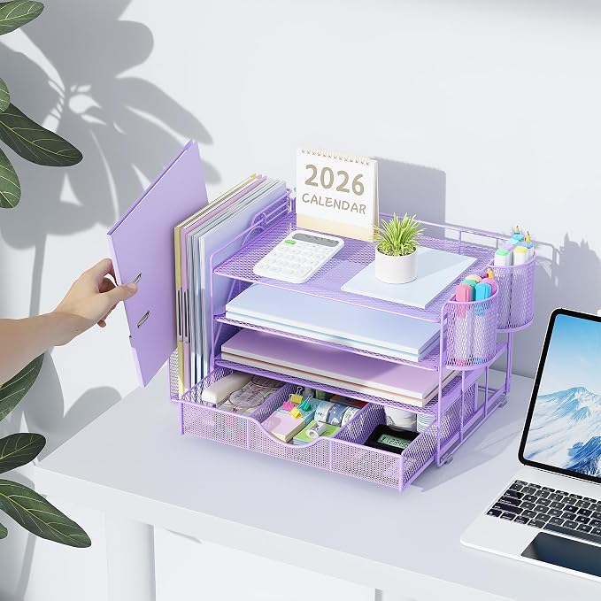 gianotter Desk Organizers and Accessories with File Holder, 4-Tier Desk Accessories & Workspace Organizers with Drawer and 2 Pen Holder, Paper Organizer for Office Supplies (Purple) - Image 6