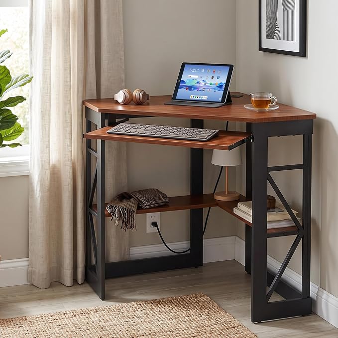 VECELO Corner Desk, Triangle Computer Desk for Small Space with Charging Station and Keyboard Tray, Corner Makeup Table with Storage Shelves for Home Office Bedroom, 41x30, Teak Brown - Image 2
