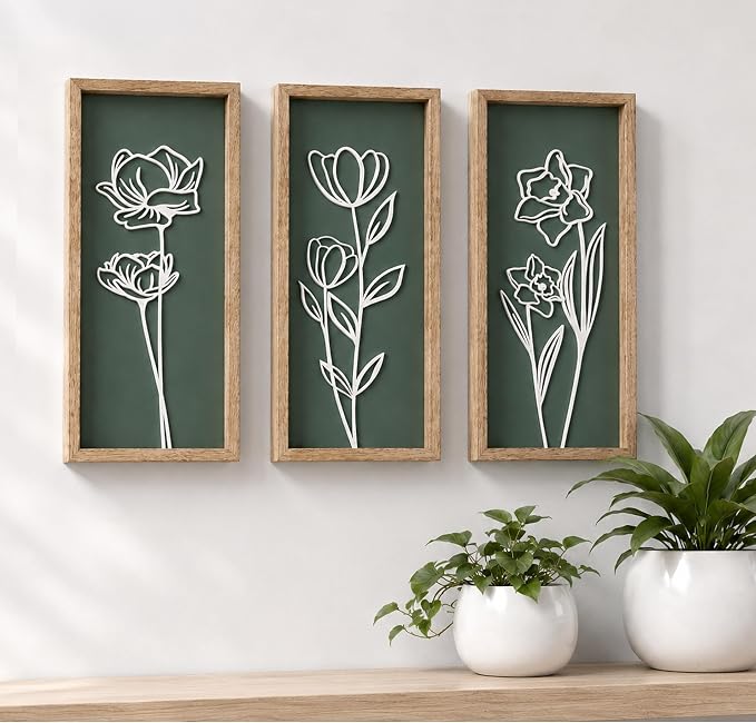 3D Floral Green Wall Art (Set of 3) Lightweight, Wooden Ready-to-Hang Boho Framed Wall Art for Bathroom, Master Bedroom, Living Room or Office - Premium Sage Green Farmhouse Decor - Gift-Boxed by TideandTales