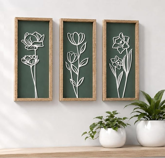 3D Floral Green Wall Art (Set of 3) Lightweight, Wooden Ready-to-Hang Boho Framed Wall Art for Bathroom, Master Bedroom, Living Room or Office - Premium Sage Green Farmhouse Decor - Gift-Boxed by TideandTales
