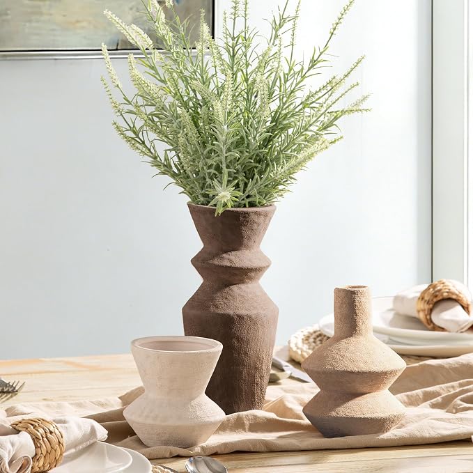 Ceramic Vase Home Table Decor - Flower Vase Set of 3 Living Room Kitchen Decorations Farmhouse Modern Rustic Vases Decorative Centerpiece for Shelf Bedroom Office Bathroom Dining Coffee Desk - Image 2