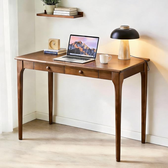 47" Walnut Solid Wood Desk with Drawers,Mid Century Modern Natural Real Wood Writing Desk,Home Bedroom Small Spaces Computer Office Workstation Desks - Image 3