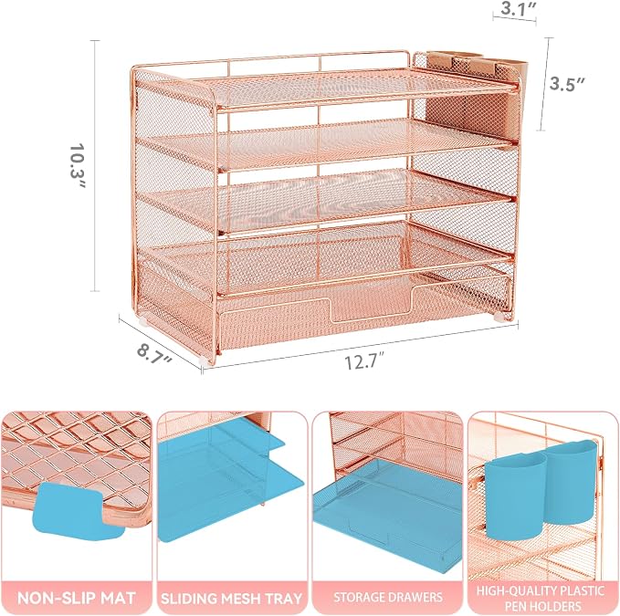 LEKETREE Desk Organizer and Accessories, 5-Tier Paper Letter Tray Organizer with Drawer & 2 Pen Holders for Desktop File Organization, Office Desk Accessories for Supplies Storage (Rose Gold) - Image 2