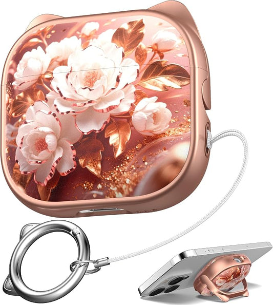 for AirPods 4 Case with Cleaning Kit, Cute Cat Ear Print Design & Cute Buckle, Inverted Phone Holder Design, Top Safe Lock Buckle Design, for Girls AirPods 4 case 2024, Rose Gold Peony by MHYALUDO