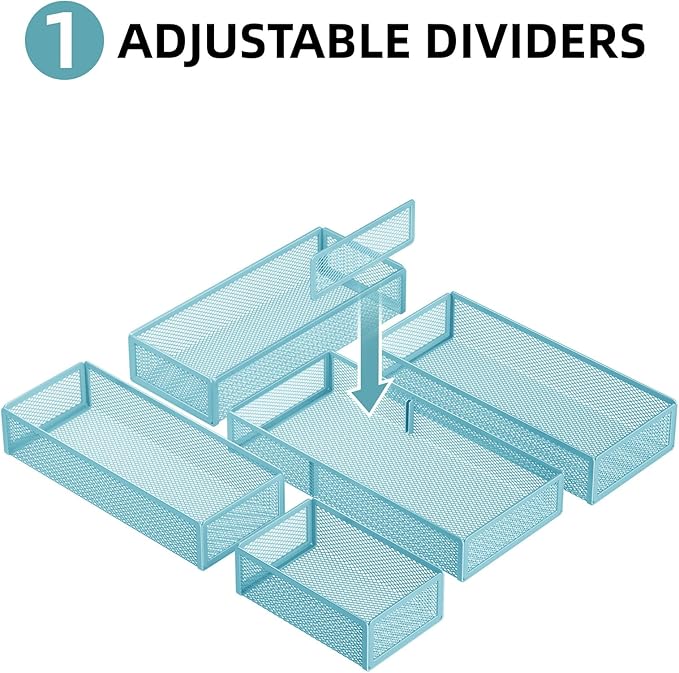 Marbrasse 5 Pack Desk Drawer Organizer Set, Mesh Drawer Storage Trays with 1 Adjustable Divider, Desk Organizers and Accessories, 5 PCS Drawer for Office Supplies, Makeup & Vanity (Blue) - Image 4