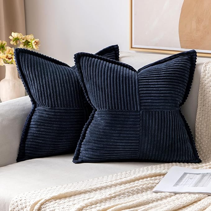 MIULEE Decorative Throw Pillow Covers for Couch Bed Livingroom 20x20 Inch Set of 2 Navy Blue Boho Accent Throw Pllows Broadside Striped Patchwork Soft Corduroy Summer Coastal Pillowcases by MIULEE