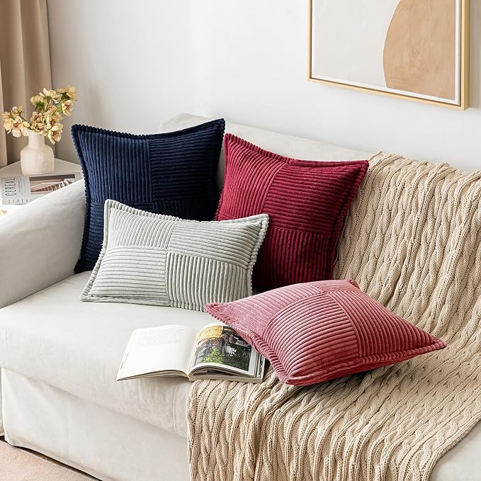 MIULEE Decorative Throw Pillow Covers for Couch Bed Livingroom 18x18 Inch Set of 2 Cranberry Red Boho Accent Throw Pllows Broadside Striped Patchwork Soft Corduroy Pillowcases - Image 5