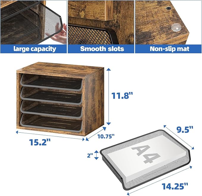 Simple Trending 4-Tier Desk File Organizer, Paper Organizer, Rustic Brown | Adjustable Letter Trays, Wood Desktop File Sorter, Farmhouse Style, for Office Home Classroom, 10.75"D x 15.2"W x 11.8"H - Image 8