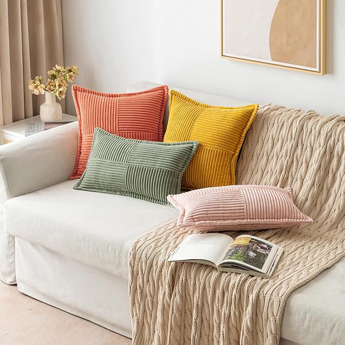 MIULEE Decorative Euro Sham Throw Pillow Covers for Couch Bed Livingroom 24x24 Inch Set of 2 Light Olive Green Boho Accent Throw Pllows Broadside Striped Patchwork Soft Corduroy Summer Pillowcases - Image 8