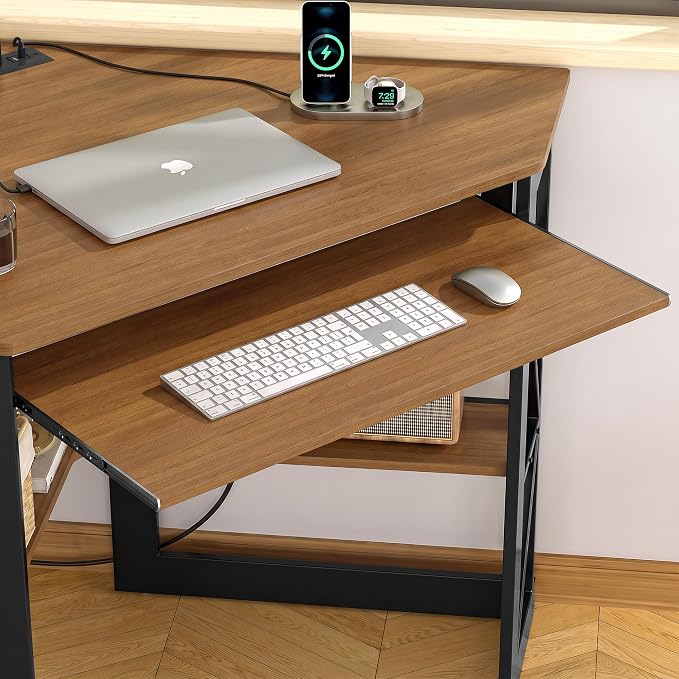 VECELO Corner Desk, Triangle Computer Desk for Small Space with Charging Station and Keyboard Tray, Corner Makeup Table with Storage Shelves for Home Office Bedroom, 41x30, Light Walnut - Image 6