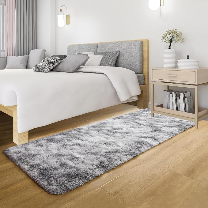Tepook Fluffy Runner Rugs for Bedroom Aesthetic 2x6 Feet, Shag Soft Bedside Rug with Non-Slip Bottom, Fuzzy Plush Carpet for Room, Hallway Rug for Nursery Dorm Indoor Home Decor, Tie-dye Light Grey - Image 6