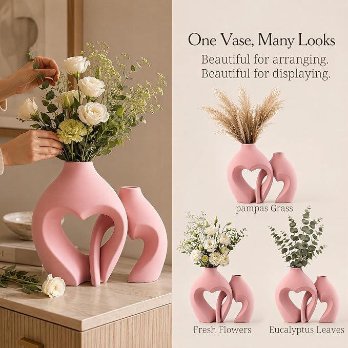 Ceramic Flower Vases Table Decor Heart Shaped Vase Set of 2 Pink | Nordic Heart Shaped Vases Minimalist Decorative Vase for Table Centerpiece Wedding Dining Living Room Office House Decoration - Image 8