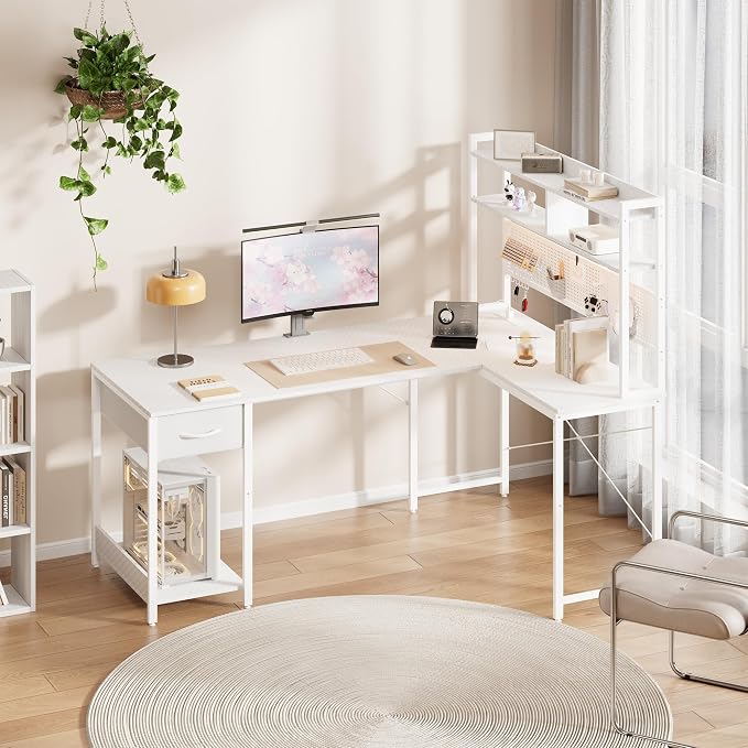 Apicizon L Shaped Gaming Desk 53", Reversible Corner Computer Desk with LED Lights, Carbon Fiber Surface, Pegboard with Hooks, Drawer & PC Tower Stand, USB Charging Port - Image 8