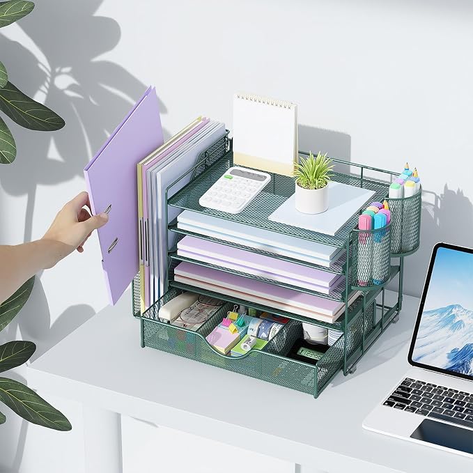 gianotter 5-Tier Desk Organizer with Drawers and File Holders | Letter Trays and Pen Holders - Workspace Accessories for Office Supplies (Green) - Image 3